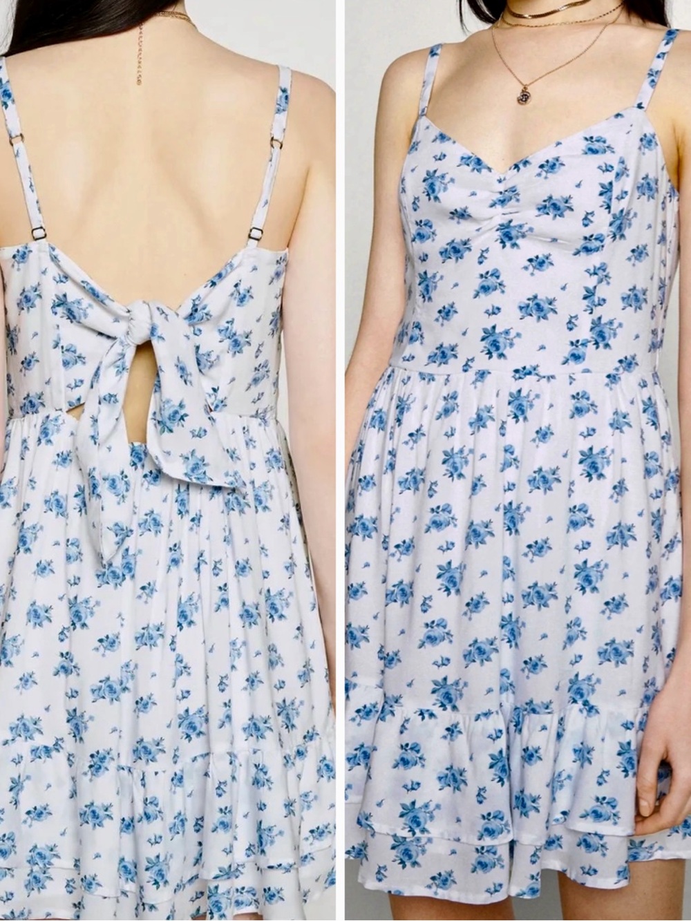 HOLLISTER White & Blue Floral Mini Dress w Tie Back